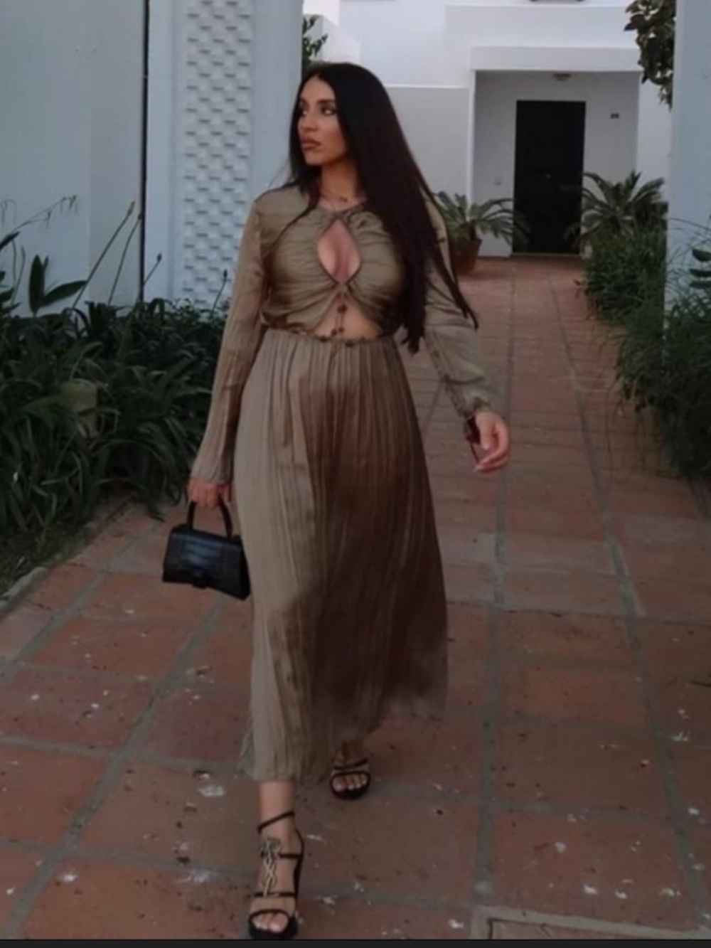 Zara Olive-Tone Cutout Pleated Maxi Dress